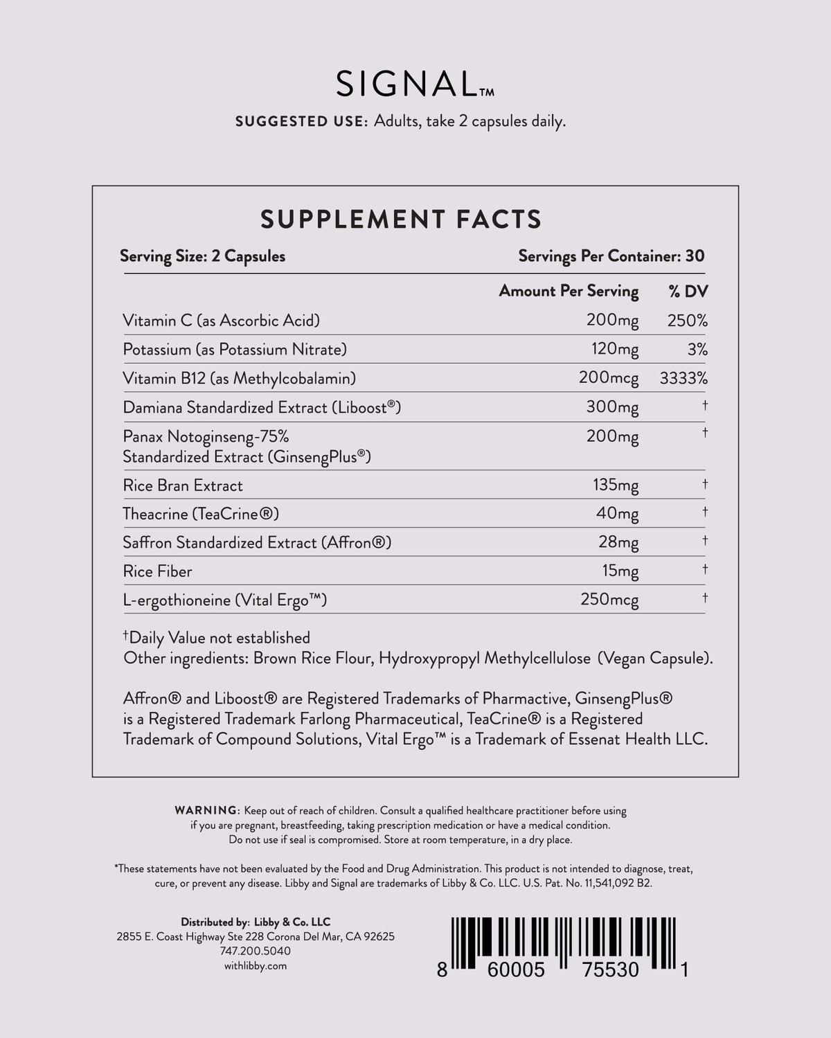 List of ingredients for Signal supplement from Libby.