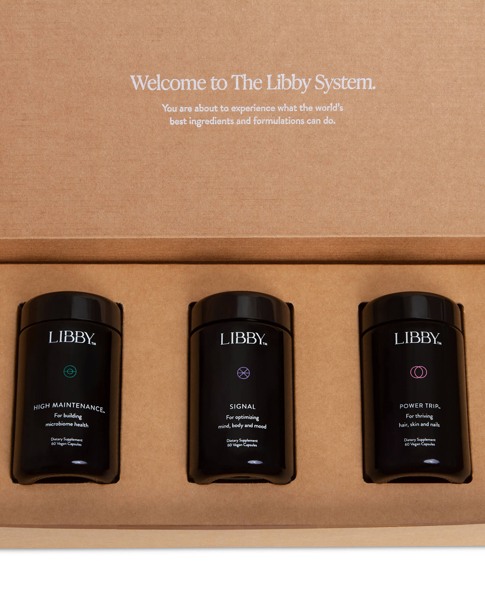 The Libby System for restoring the foundation of improved vitality and health-three premium black bottles.