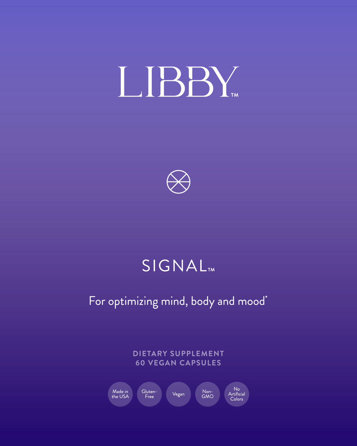 Signal supplement from Libby for optimizing mind, body and mood. Bottle label.